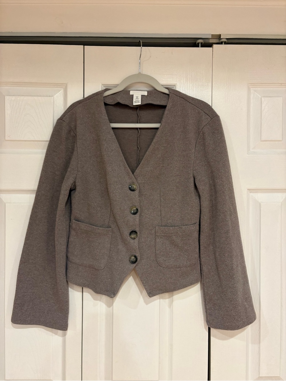 H&M Women's Grey V-Neck Wool Blend  Button Blazer Cardigan